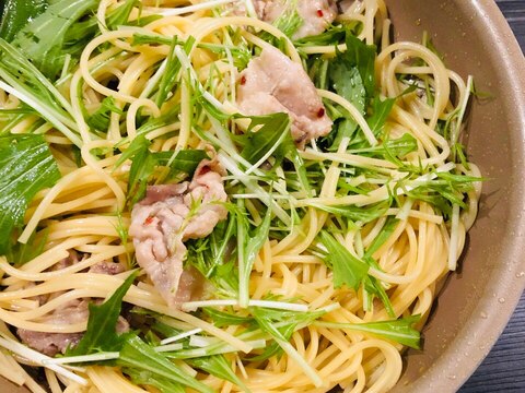 豚肉と水菜のペペロンチーノ
